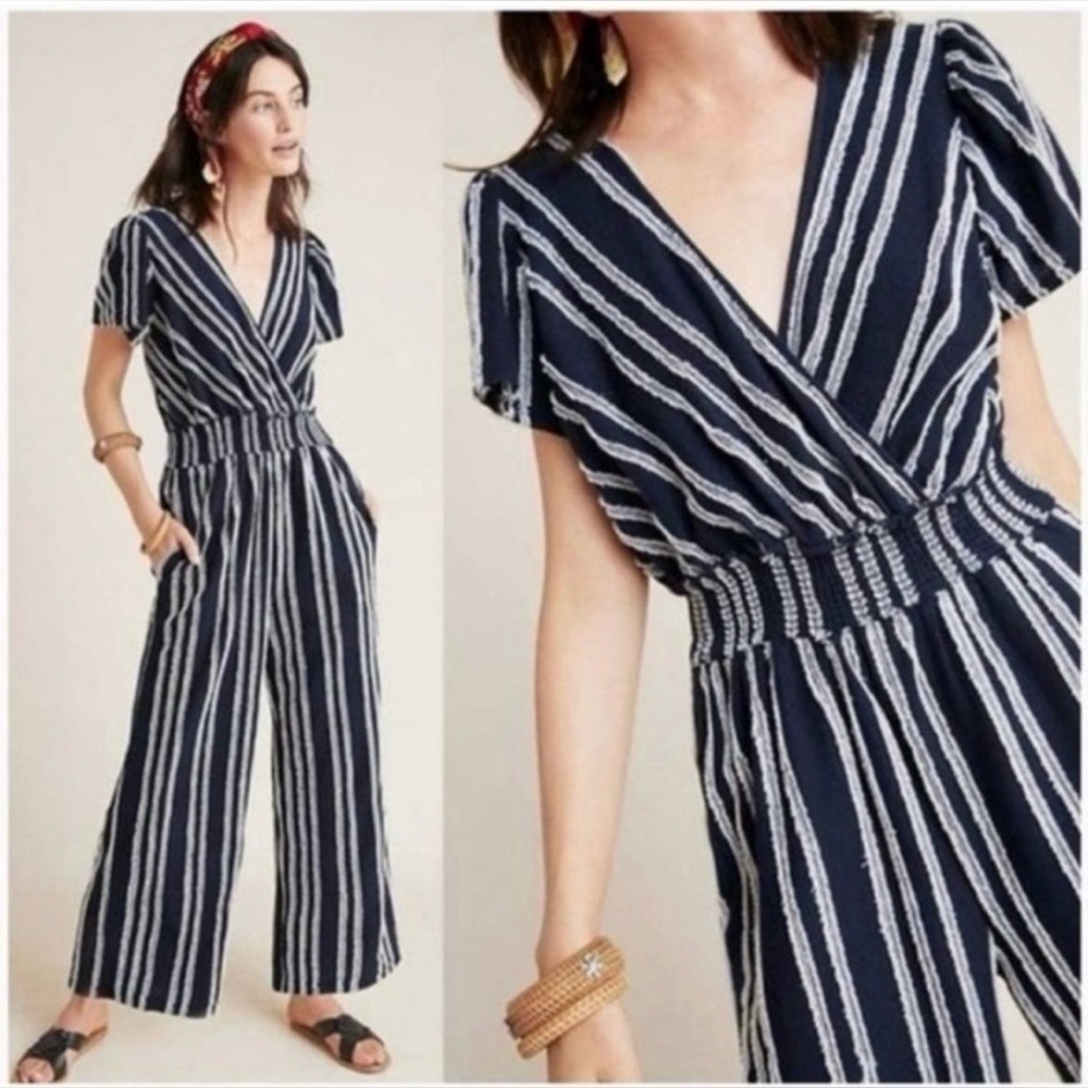 Anthropologie Dolan Navy and‎ White Striped Textured Jumpsuit